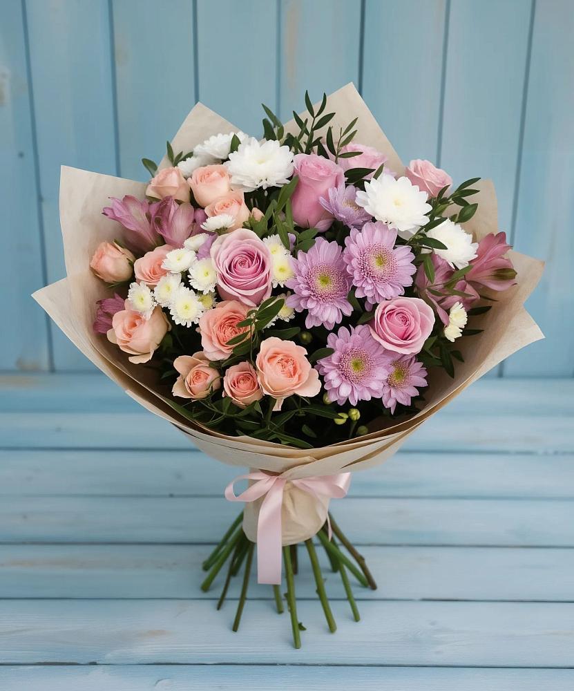 Букет цветов из: Хризантемы, Розы и Альстромерии в Казанской Краснодарского края