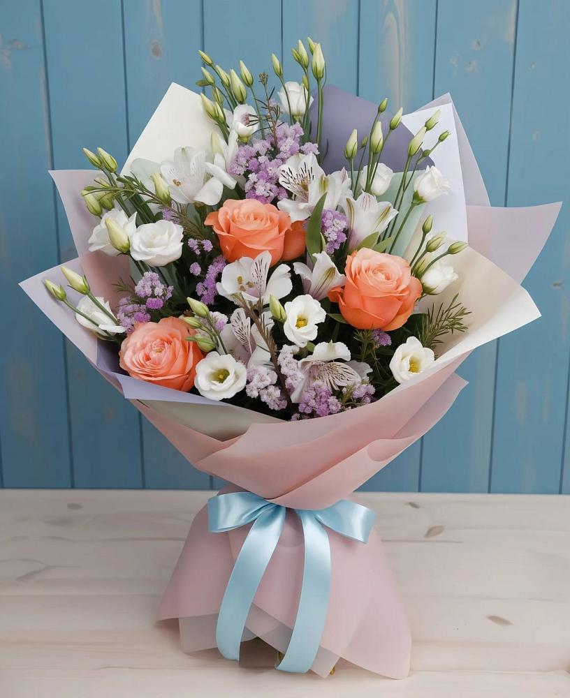 Букет цветов из: Лизиантусы, Розы, Альстромерии и Гипсофила в Казанской Краснодарского края