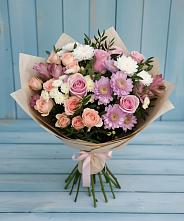 Букет цветов из:  Хризантемы, Розы и Альстромерии в Казанской Краснодарского края