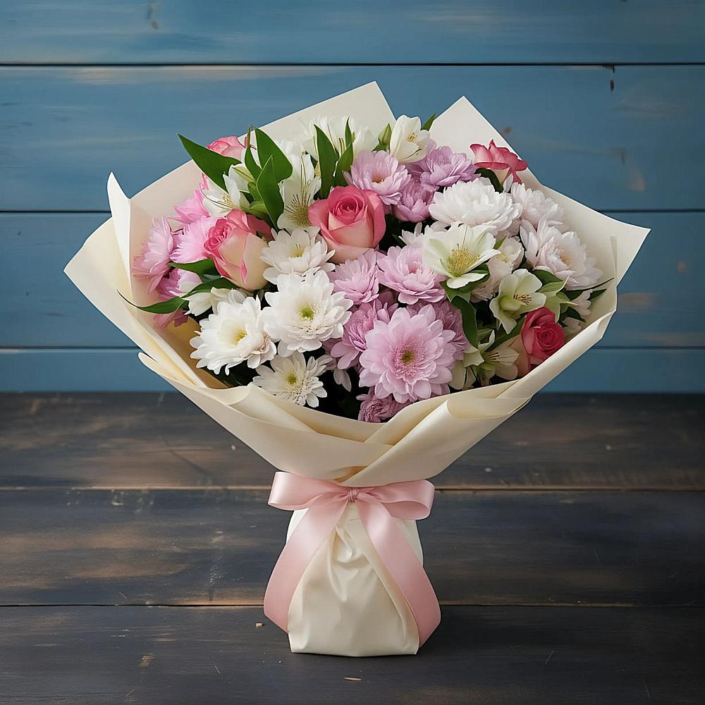 Букет цветов из: Хризантемы, Альстромерии и Розы в Казанской Краснодарского края